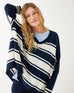 Women's One Size Vneck Knit Sweater in Navy White Stripes Chest View