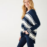 Women's One Size Vneck Knit Sweater in Navy White Stripes Side View