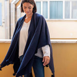 Women's Navy Travel Wrap with Tassels Perfect for Layering