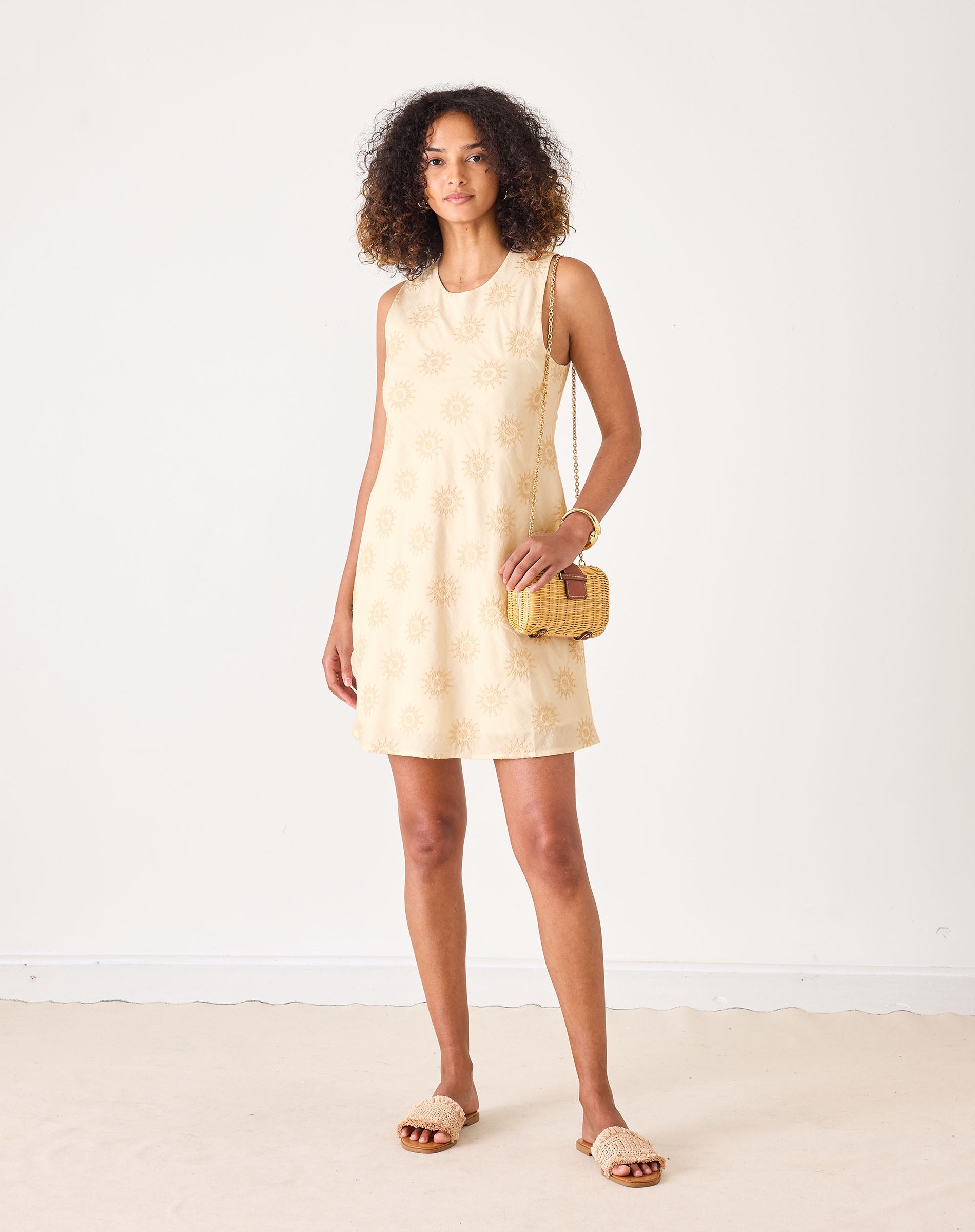 Women's Tan Sleeveless Mini Eyelet Dress