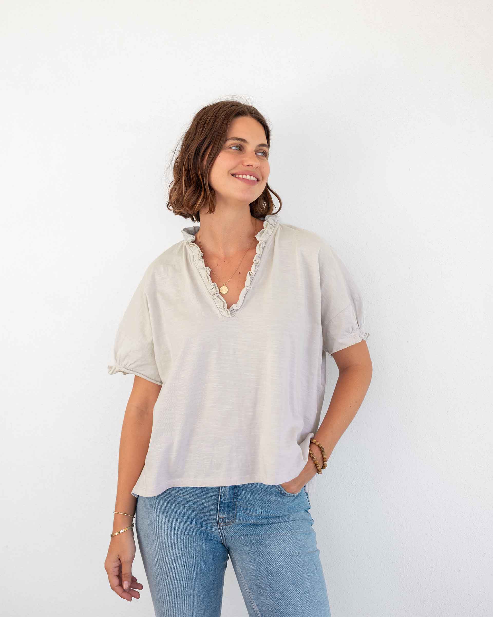Women's Neutral Short Sleeve Ruffle Tee