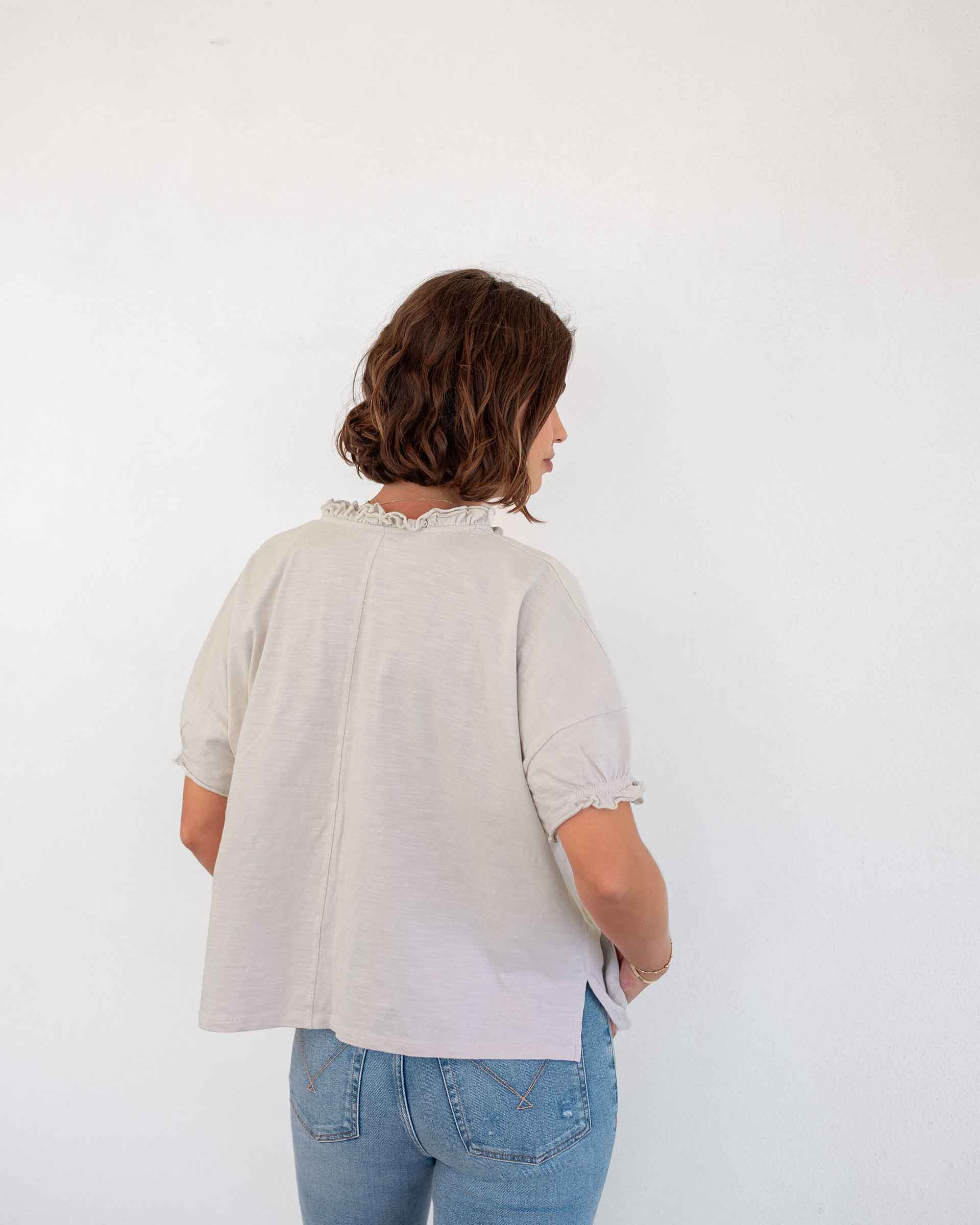Women's Neutral Short Sleeve Ruffle Tee