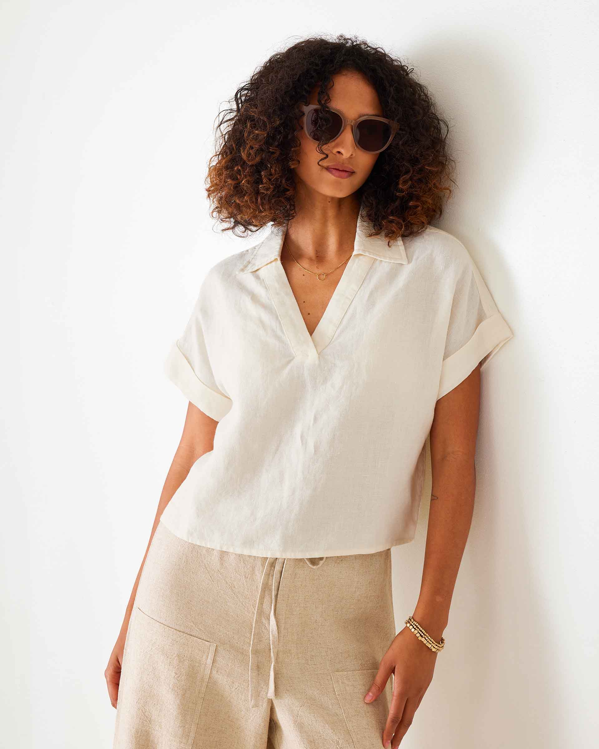 Women's Off White Short Sleeve Linen Top