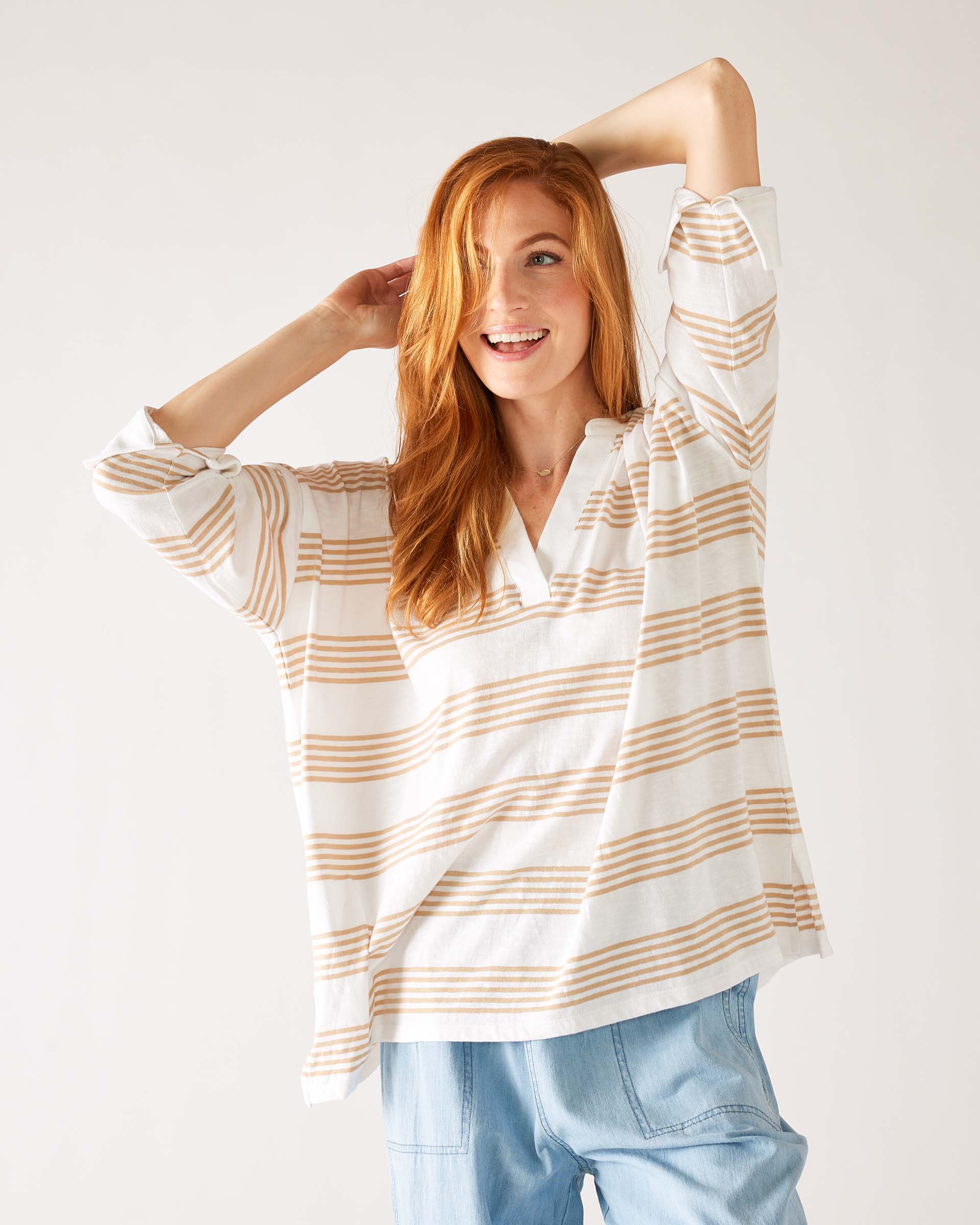 Women's One Size Brown Striped Cuff Tee Front View