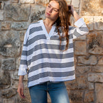 Women's One Size Navy Striped Cuff Tee Chest View Travel Destination