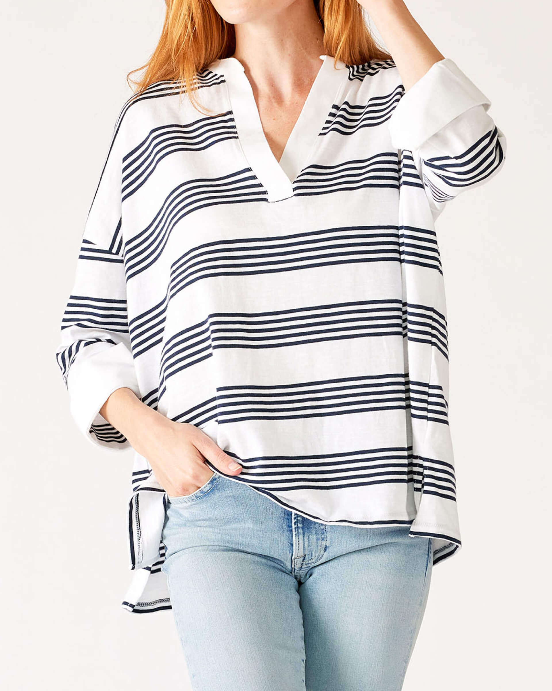 Women's One Size Navy Striped Cuff Tee Chest View