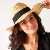 Women's One Sized Black Chambray Adjustable Wire Brimmed Seagrove Rafia Straw Beach Hat Front View