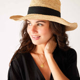 Women's One Sized Black Chambray Adjustable Wire Brimmed Seagrove Rafia Straw Beach Hat Left