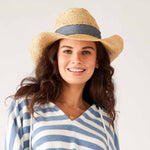 Women's One Sized Blue Denim Chambray Adjustable Wire Brimmed Seagrove Rafia Straw Beach Hat front View