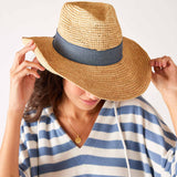 Women's One Sized Blue Denim Chambray Adjustable Wire Brimmed Seagrove Rafia Straw Beach Hat Top View