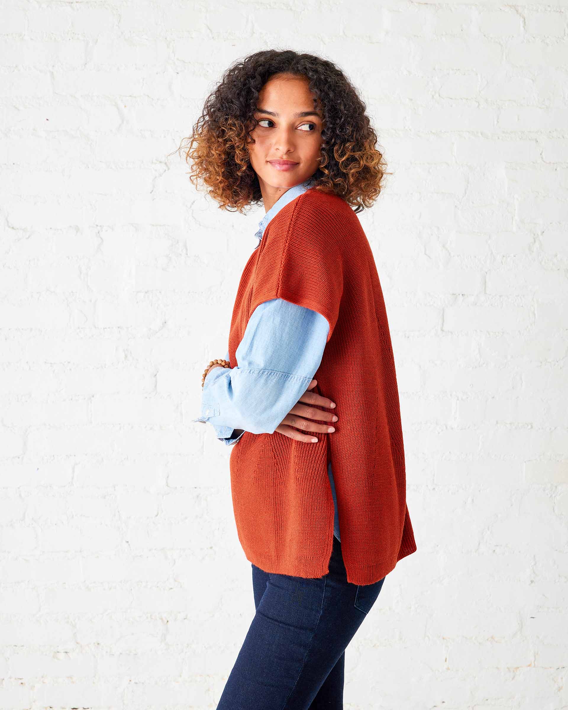 Women's One Size Orange Short Sleeve Sweater With Buttons Down Back