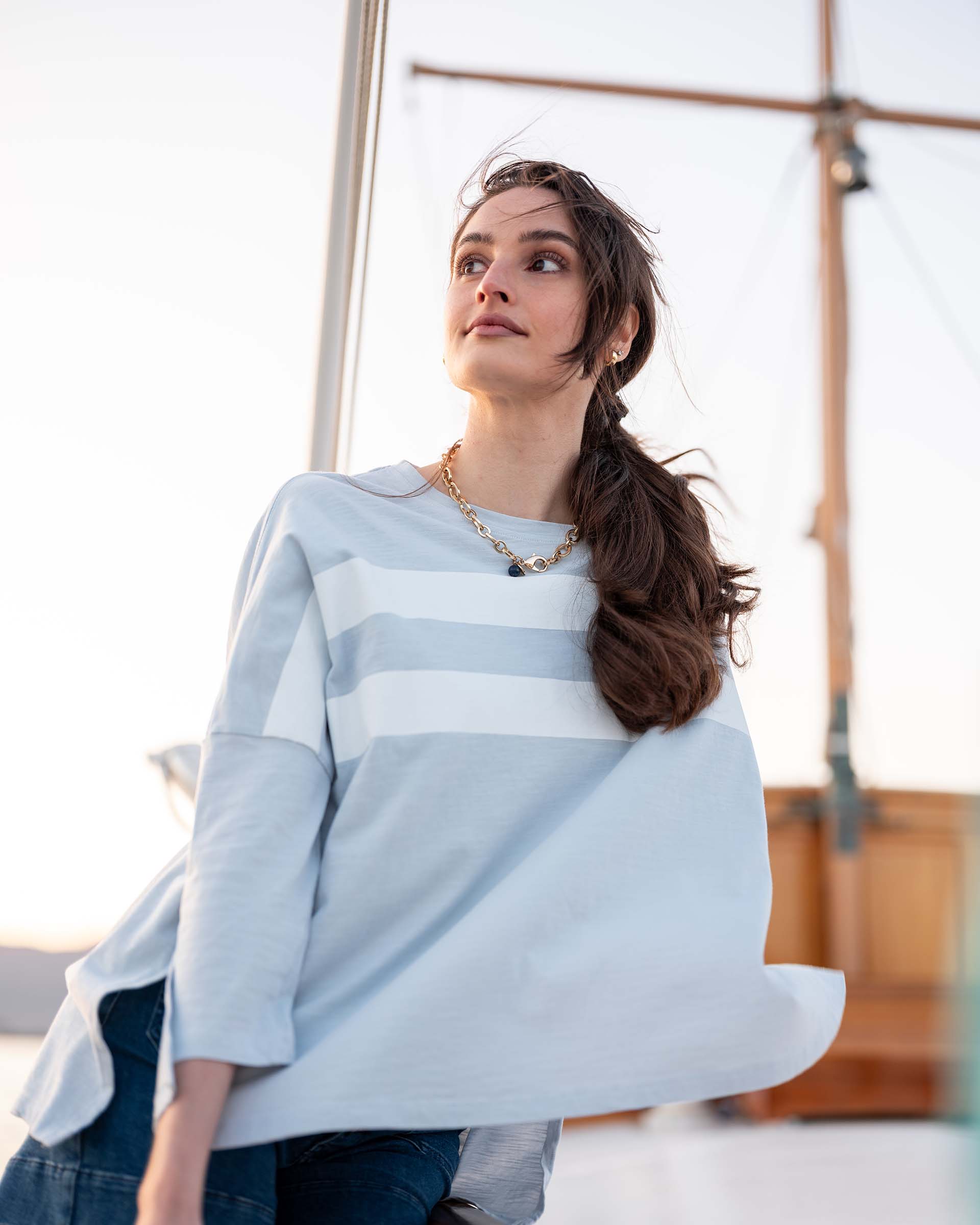 Women's Blue White Striped Slub Tee