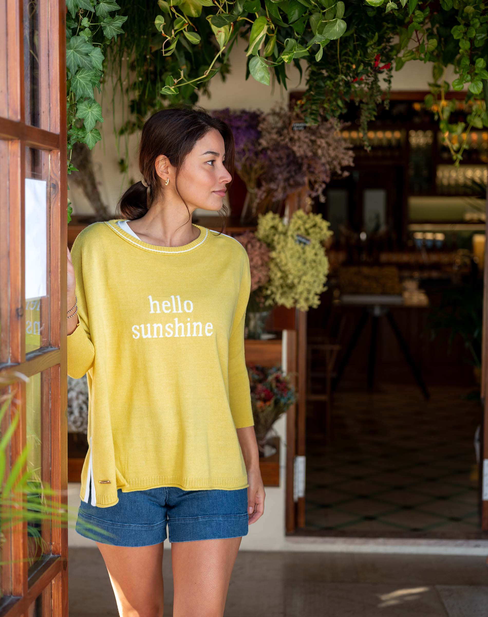 Women's Oversized Yellow Sweater Hello Sunshine Motto