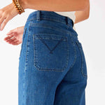 Women's Patch Pocket Stretchy Cropped Wide Leg Blue Jeans Rear View Back Pocket Detail