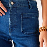 Women's Patch Pocket Stretchy Cropped Wide Leg Blue Jeans Front View Close Up Patch Pocket Detail