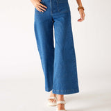 Women's Patch Pocket Stretchy Cropped Wide Leg Blue Jeans Front View