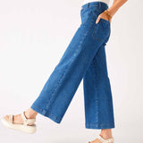 Women's Patch Pocket Stretchy Cropped Wide Leg Blue Jeans Side View Stepping