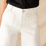 Women's Patch Pocket Stretchy Cropped Wide Leg White Jeans Front View Close Up Patch Pocket Detail