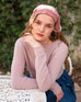 Women's Pink Fitted Cashmere Crewneck Rolled Hem Pullover Sweater Sitting Outdoor