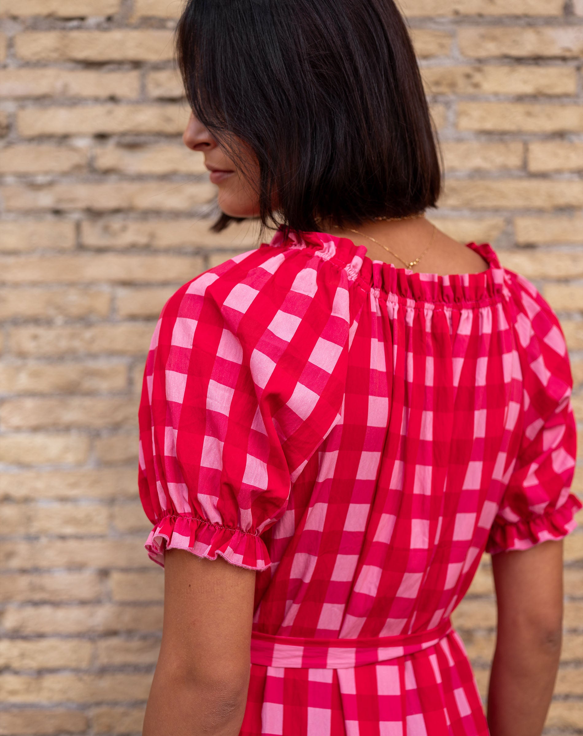 Women's Pink Checkered Flowy Mini Dress