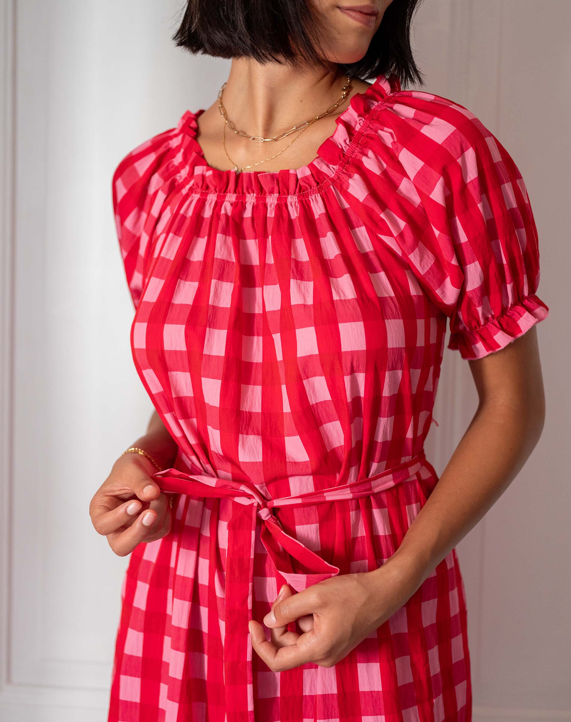 Women's Pink Checkered Flowy Mini Dress