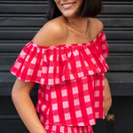 Women's Pink Checkered Ruffle Top