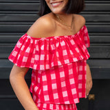 Women's Pink Checkered Ruffle Top