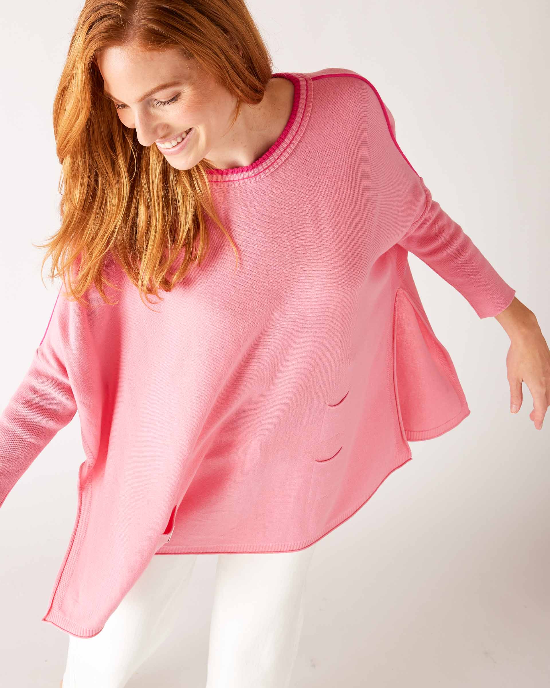 Women's Oversized Crewneck Knit Sweater in Pink Contrast Shoulder View