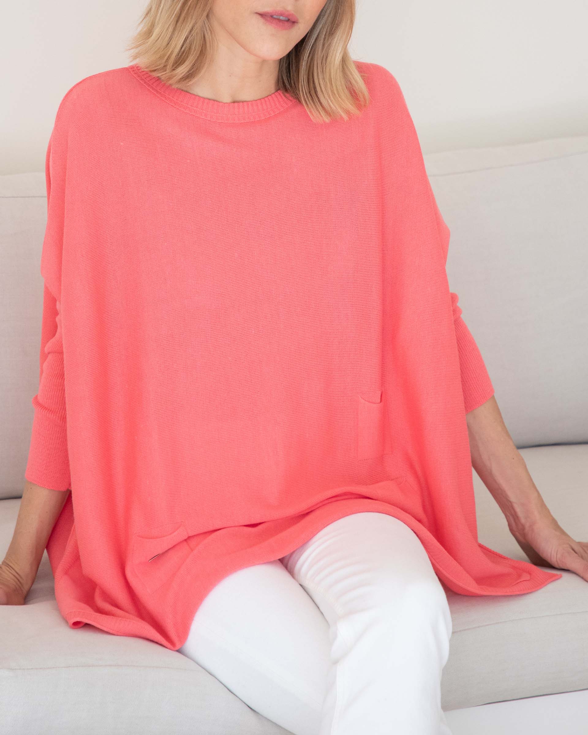 Women's Oversized Crewneck Knit Sweater in Coral Pink Chest View