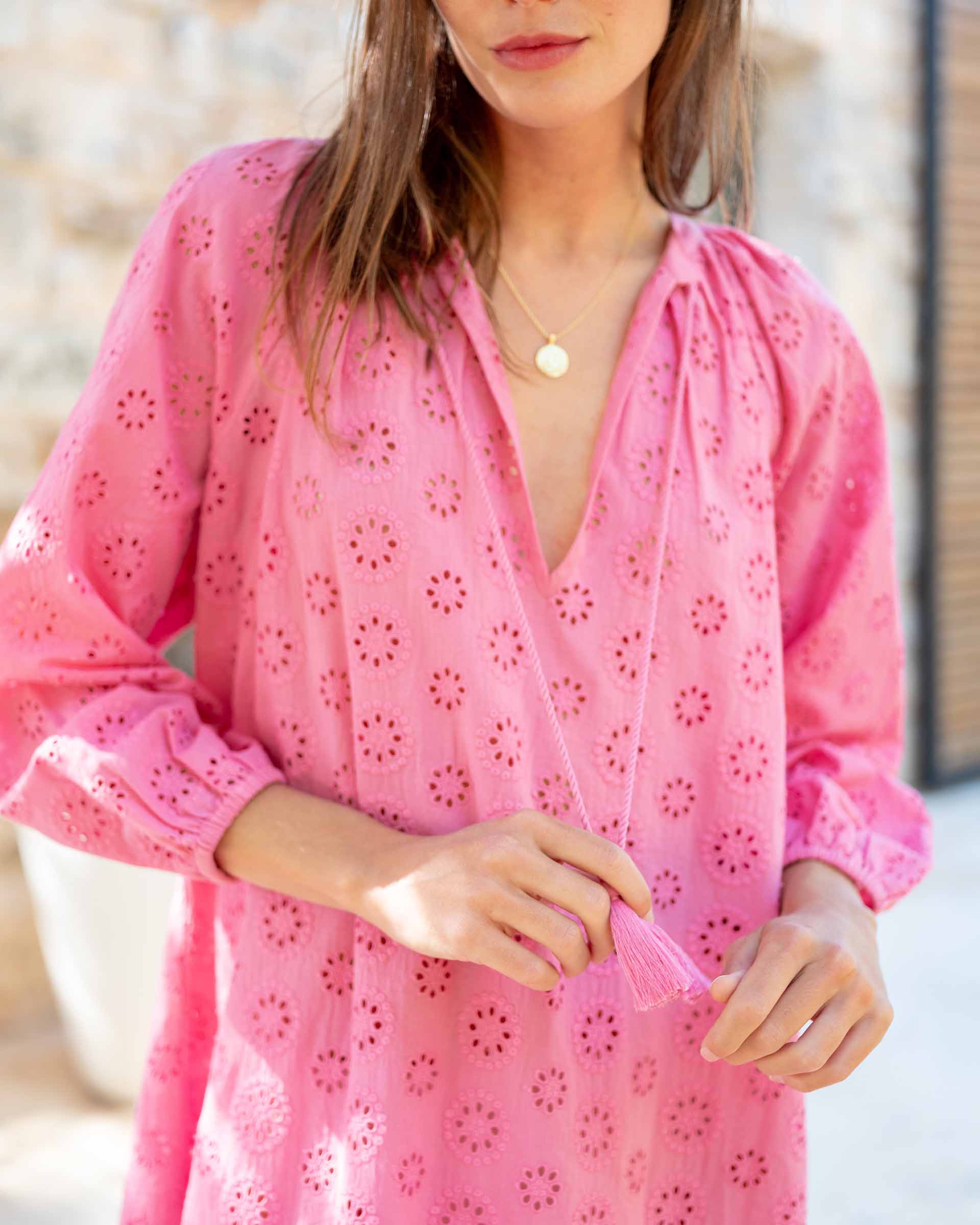 Women's Lightweight Pink Eyelet Coverup Dress Chest View Travel