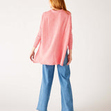 Women's Pink Heathered Collared V-neck- Polo Sweater Flowing Rear View