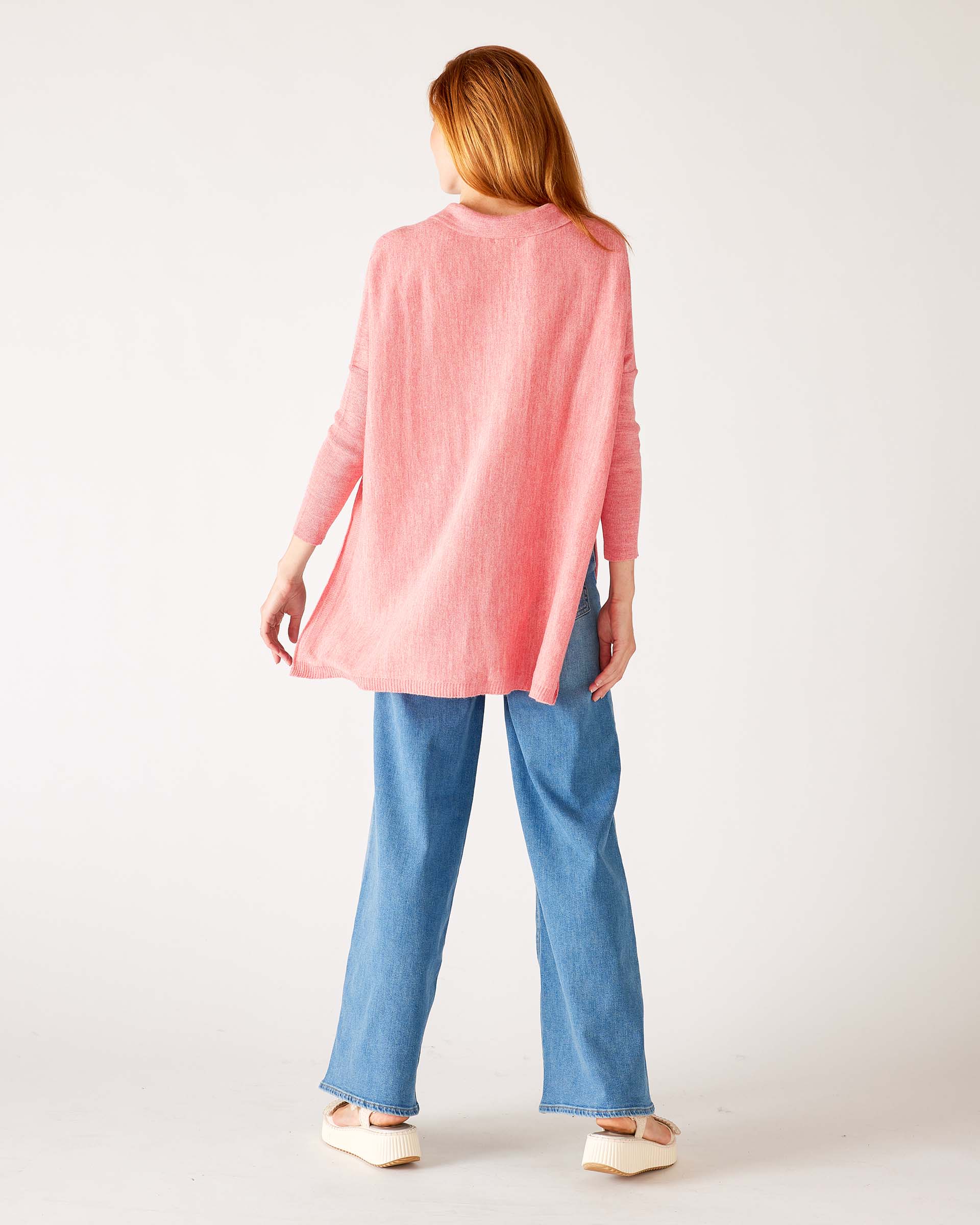 Women's Pink Heathered Collared V-neck- Polo Sweater Flowing Rear View