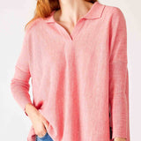 Women's Pink Heathered Collared V-neck- Polo Sweater Front View of Hand in Pocket