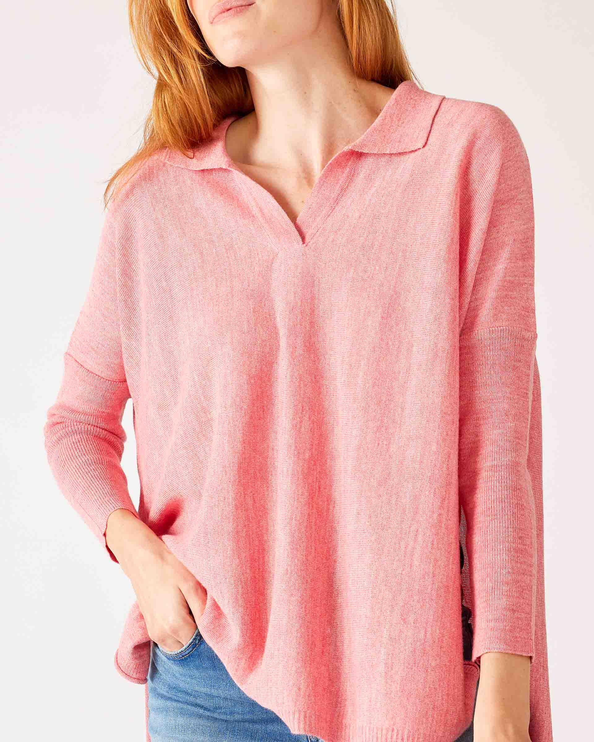 Women's Pink Heathered Collared V-neck- Polo Sweater Front View of Hand in Pocket