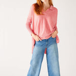 Women's Pink Heathered Collared V-neck- Polo Sweater Front View of Hands in Pockets