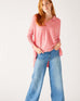 Women's Pink Heathered Collared V-neck- Polo Sweater Front View of Hands in Pockets