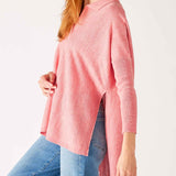 Women's Pink Heathered Collared V-neck- Polo Sweater Side View Side Slit High-low Waist Detail