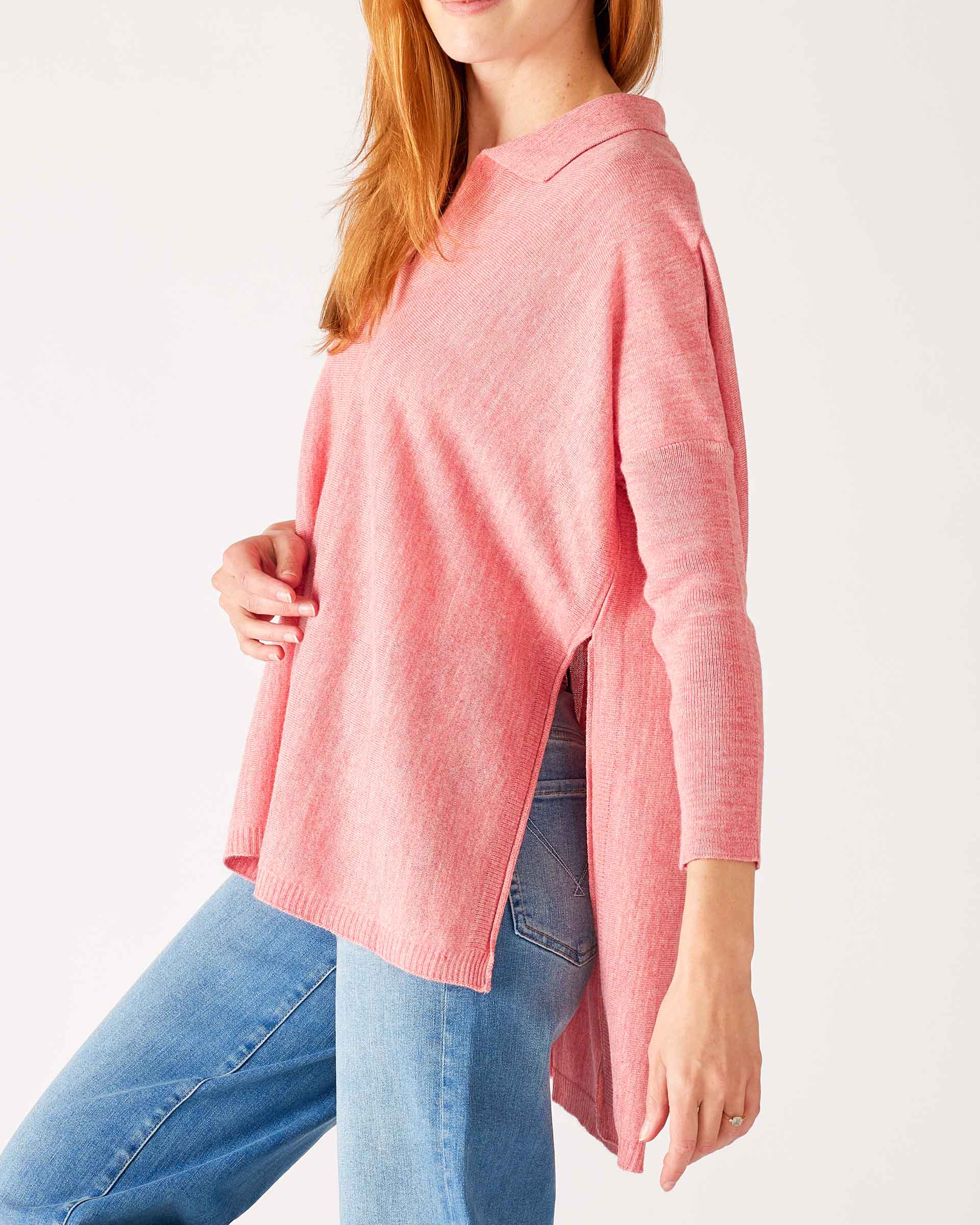 Women's Pink Heathered Collared V-neck- Polo Sweater Side View Side Slit High-low Waist Detail