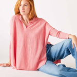 Women's Pink Heathered Collared V-neck- Polo Sweater Front View of Hand in Pocket