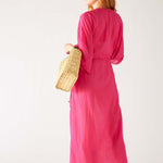 Women's Pink Lightweight Breathable Cinch Waist fron Slit Wide Elbow Length sleeves Breezy Kaftan Dress Rear View