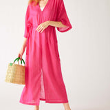 Women's Pink Lightweight Breathable Cinch Waist fron Slit Wide Elbow Length sleeves Breezy Kaftan Dress With Bag