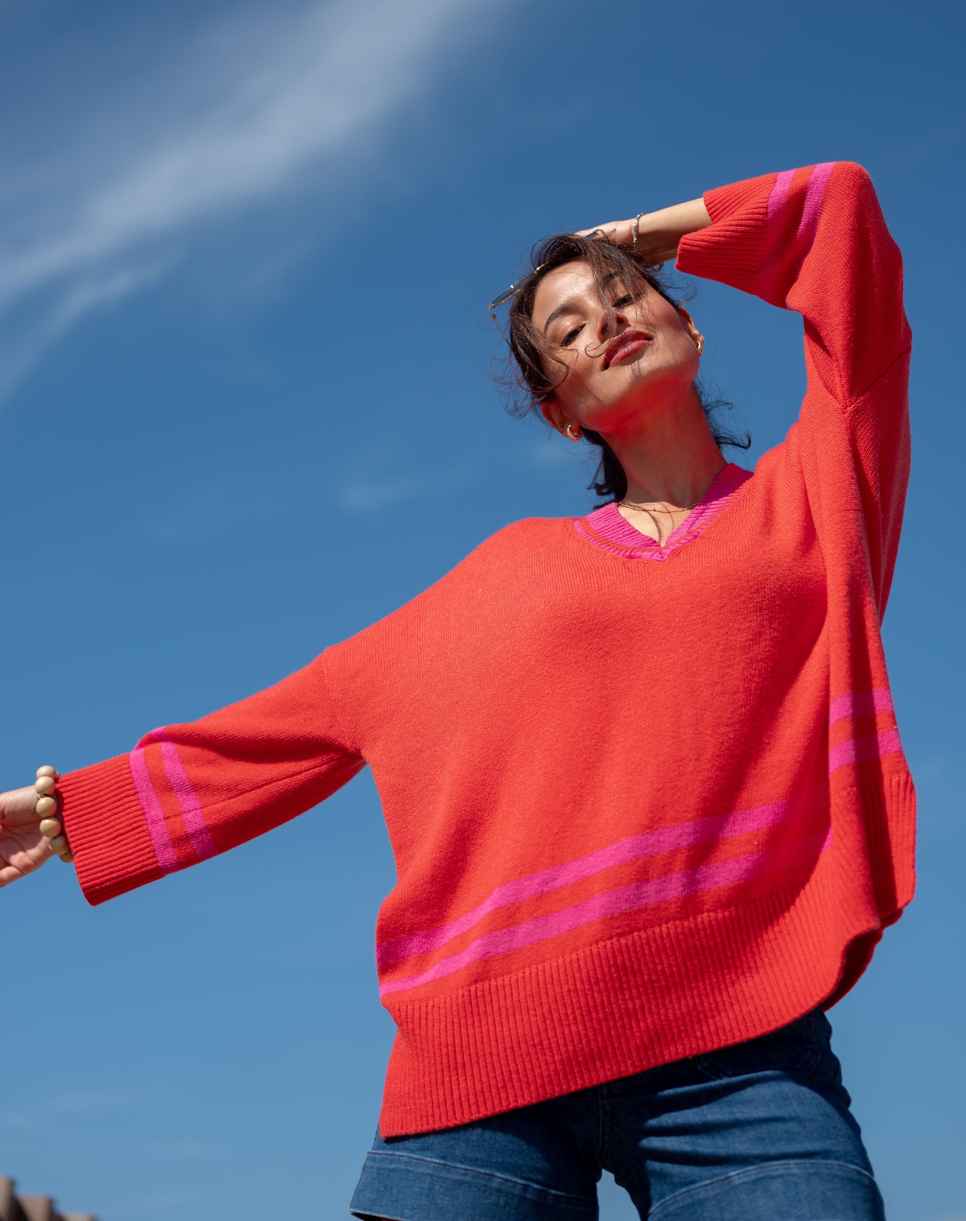 Women's Oversized Orange And Pink Striped Vneck Sweater with Ribbed Detail