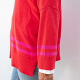 Women's Oversized Orange And Pink Striped Vneck Sweater with Ribbed Detail