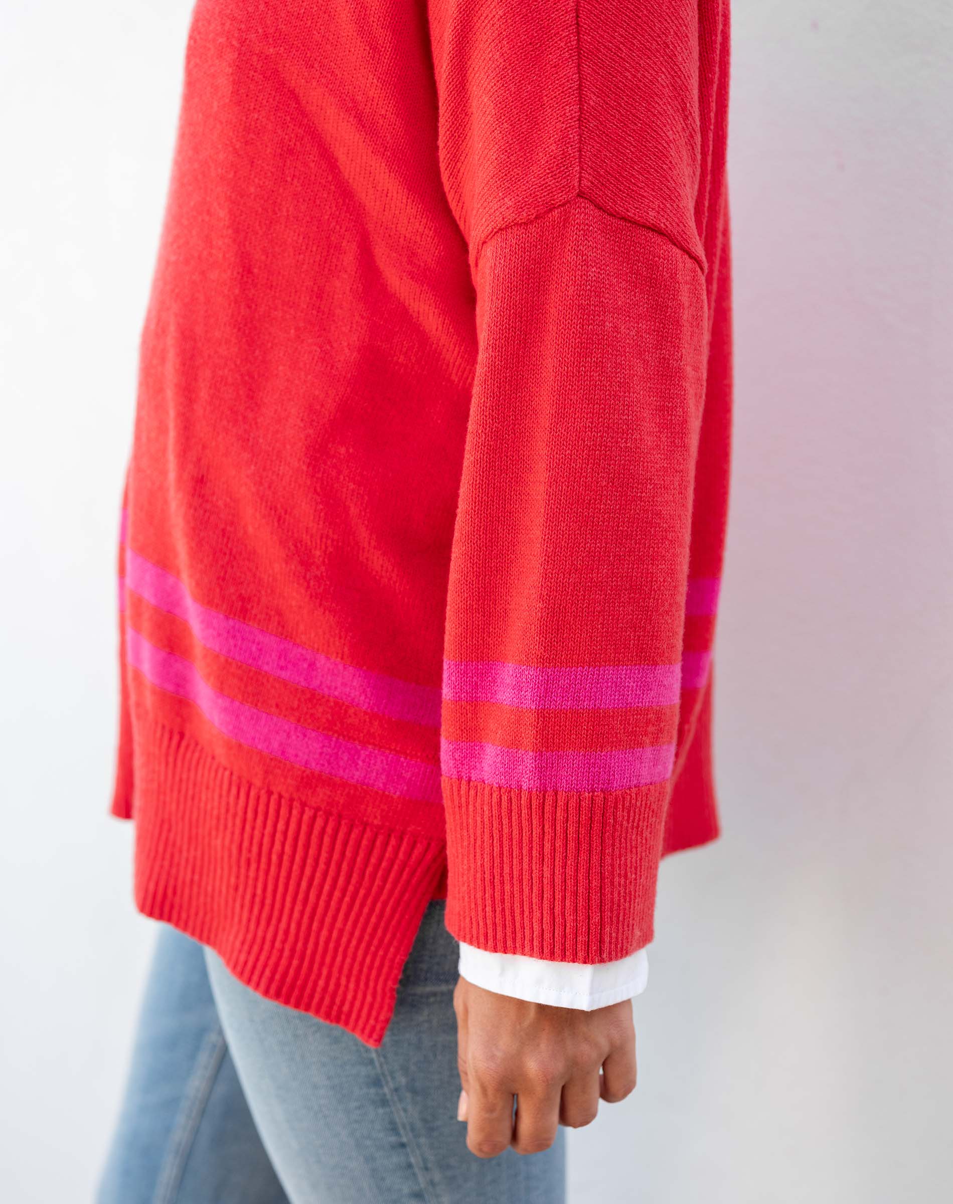 Women's Oversized Orange And Pink Striped Vneck Sweater with Ribbed Detail