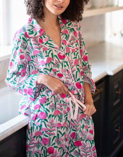 Women's Pink Peony Party Print Wide Legged Pajama Set With Pockets and Ribbon Tie Waistband