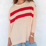 Women wearing a Pink and Red Striped Oversized Crewneck Sweater