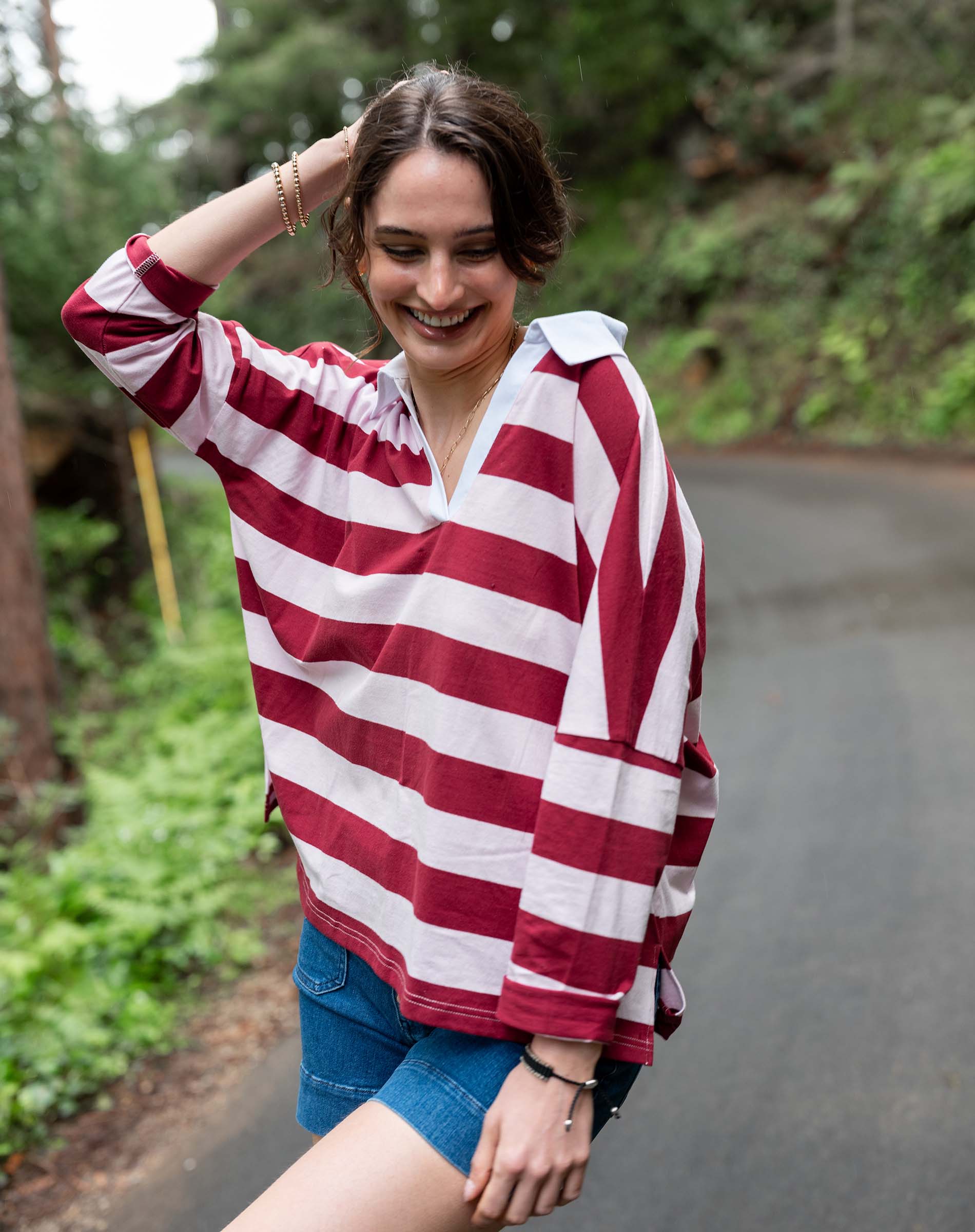 Women's Pink Striped Polo Pullover