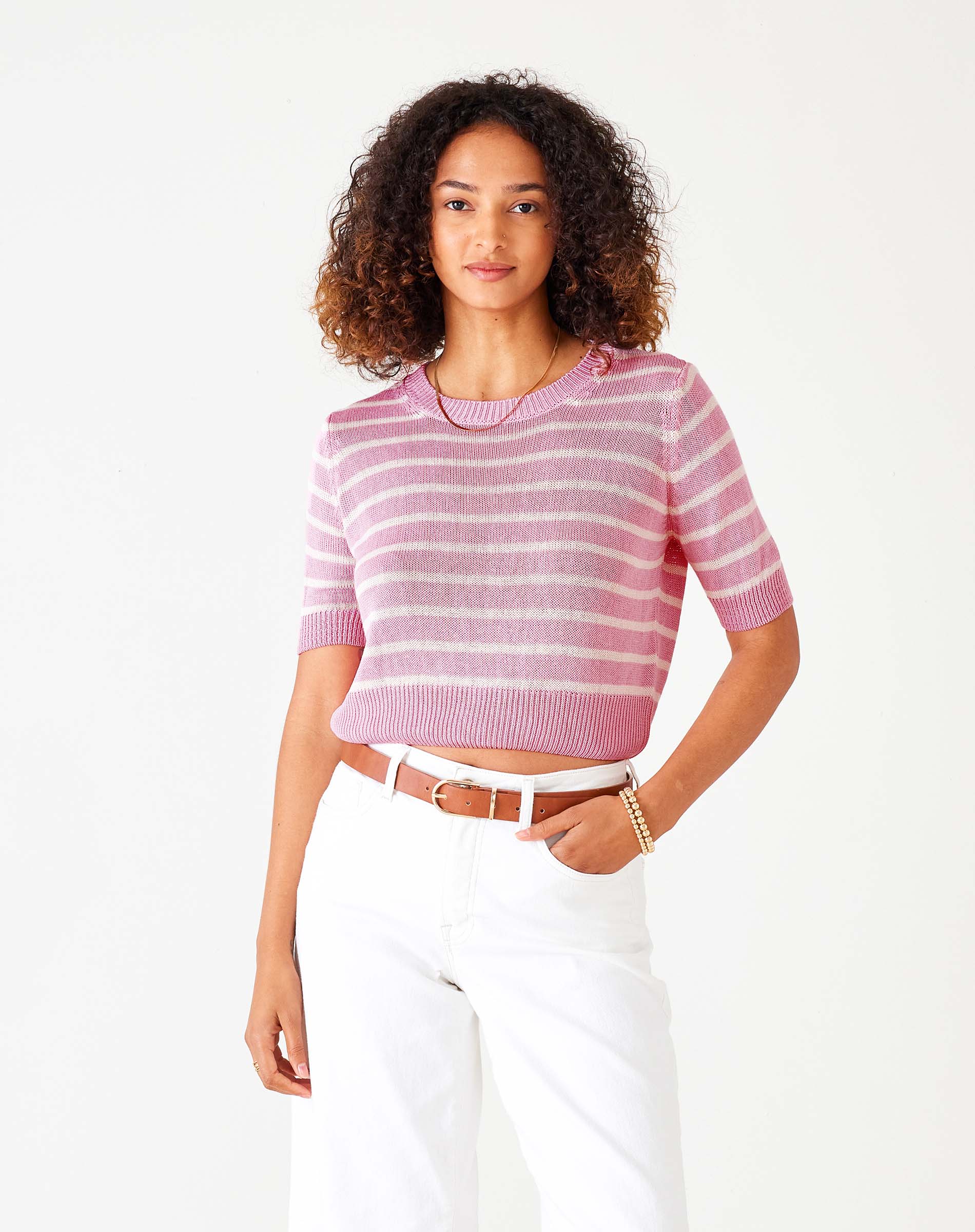 Women's Pink Striped Short Sleeve Crewneck