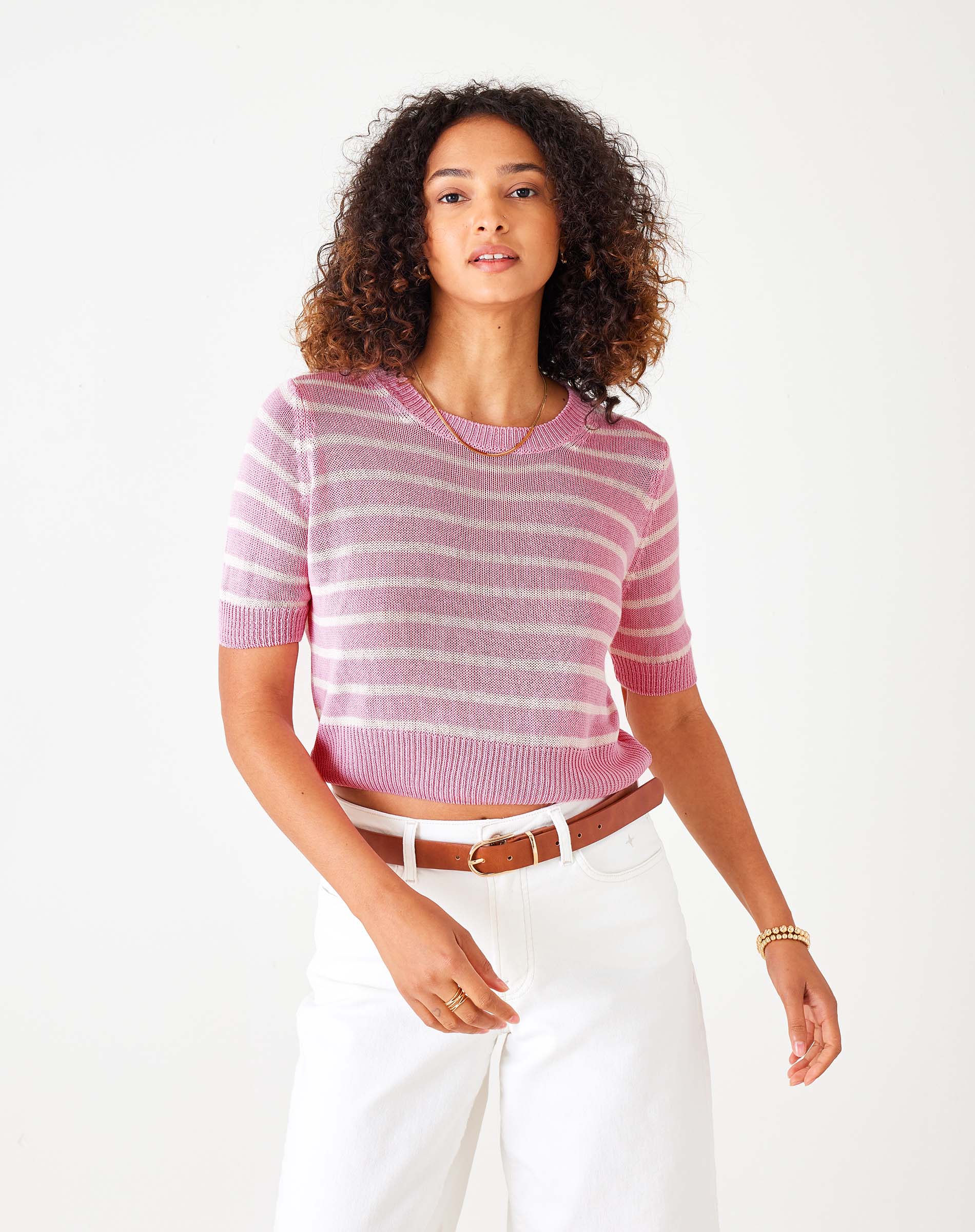 Women's Pink Striped Short Sleeve Crewneck