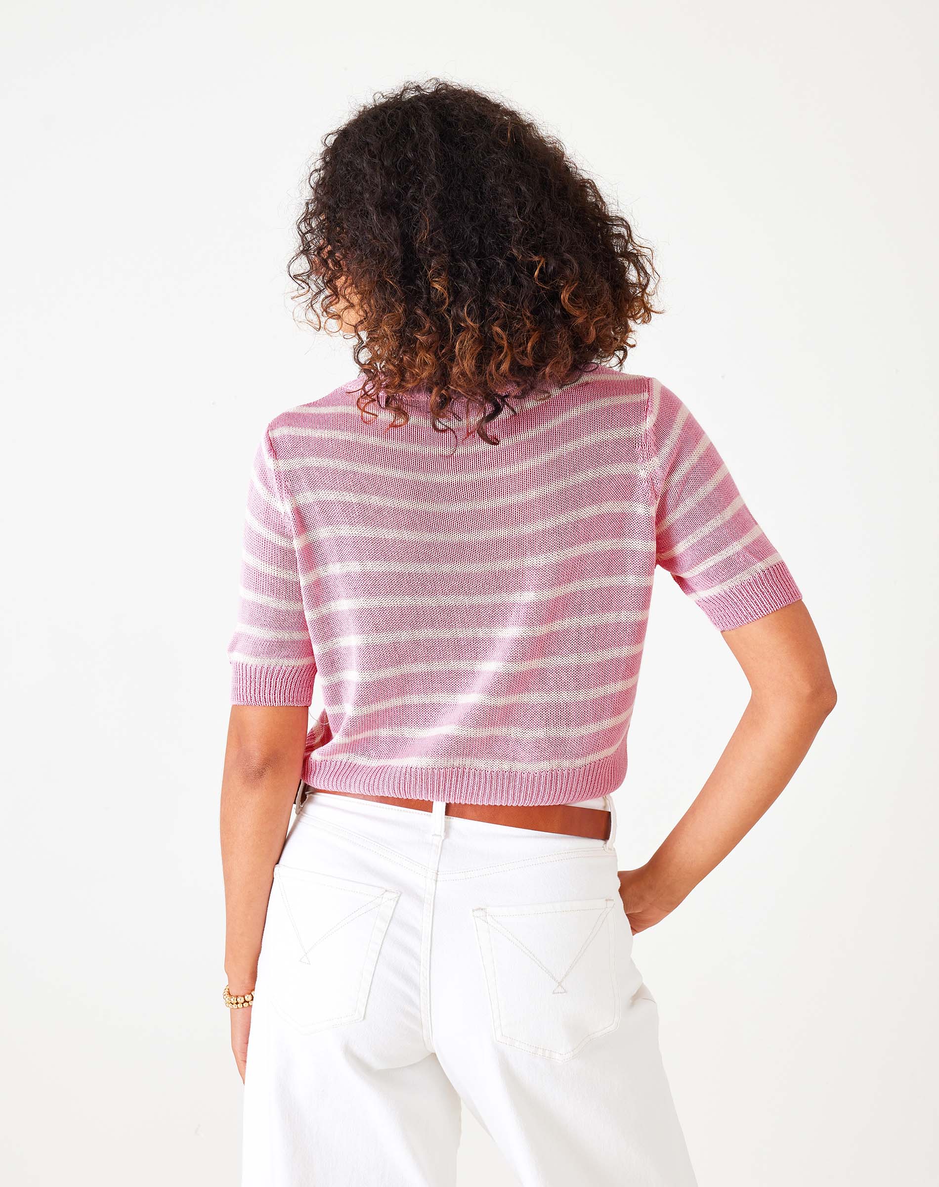 Women's Pink Striped Short Sleeve Crewneck